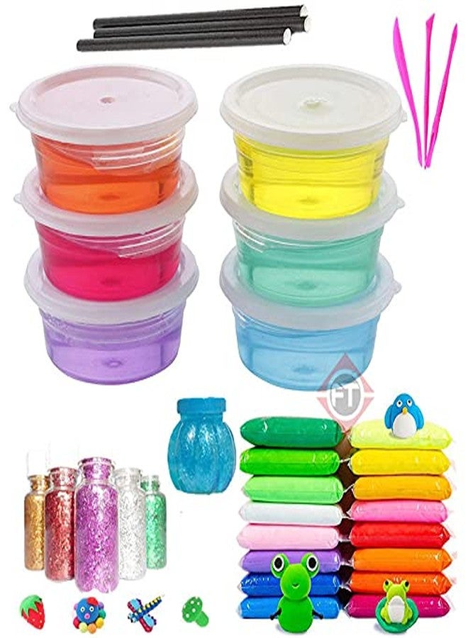 Firstly Traders New Creative Slime Kit with 6 Crystal Slime + 12 Air Dry Clay+ 1 Slime Pot with Free Straws, Tools, Glitter for Kids Boys and Girls Age 3+ Years Slime Putty Toys - Image 1